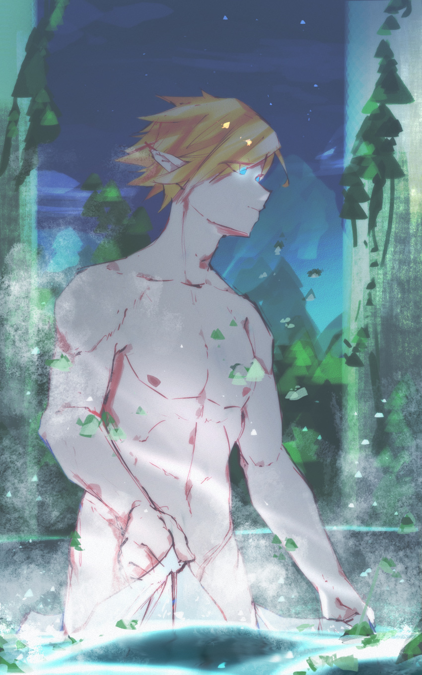 1boy bathing blonde_hair fungi_rugimuffin gnome gnome_male hot_spring muscular_male slepls towel