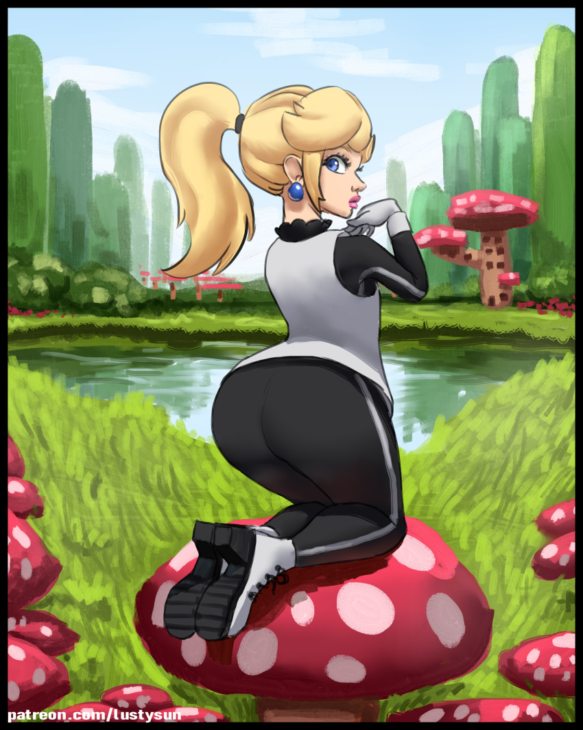 1girls ass background big_ass big_butt blonde_hair blue_eyes bodysuit boots clothed clothing female female_focus female_only gloves looking_at_viewer looking_back lustysun mario_(series) mario_and_sonic_at_the_olympic_games nintendo on_knees pants png princess_peach sfw shoe_soles shoes solo wetsuit yoga_pants