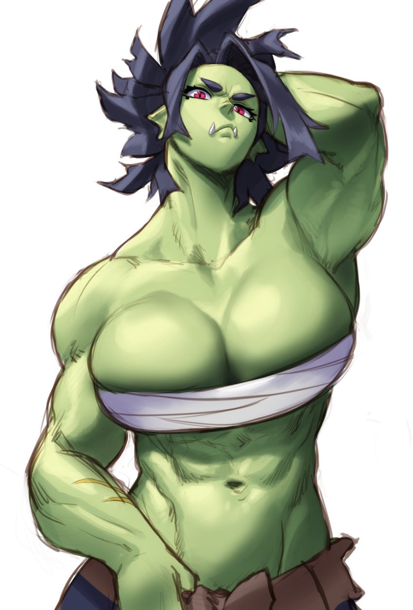 1girls 2022 abs armpits bandage bandage_bra biceps big_breasts black_hair breasts cleavage collarbone covered_nipples dark_hair fangs female_orc green-skinned_female green_skin hand_behind_head hi_res highres holding_pants large_breasts messy_hair midriff muscular muscular_abs muscular_arms muscular_female navel orc orc_female original original_character pants red_eyes reksha_(whatatruehero) scar scars scars_on_arm short_hair six_pack solo sotcho toned toned_arms toned_body toned_female toned_stomach tusks unusual_skin_color