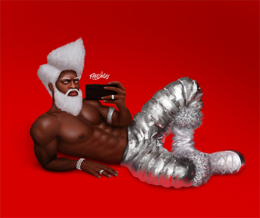 african african_male celebrity christmas dark-skinned_male dark_skin fakesngay holding_cellphone leaning_back lil_nas_x looking_at_viewer male male_only melanin muscles muscular muscular_male musician real_person selfie shirtless_male