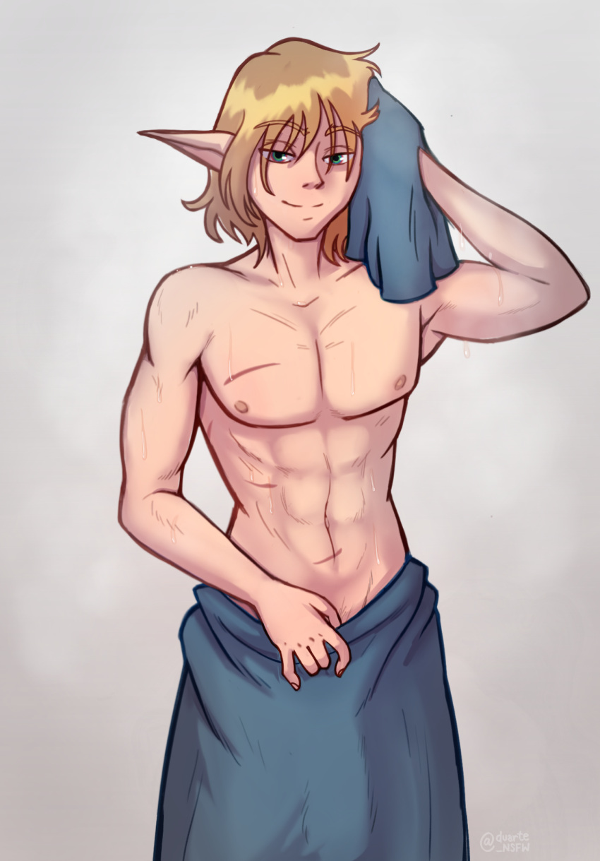 1boy drying_hair fungi_rugimuffin gnome gnome_male scars teasing towel towel_around_waist wet_skin