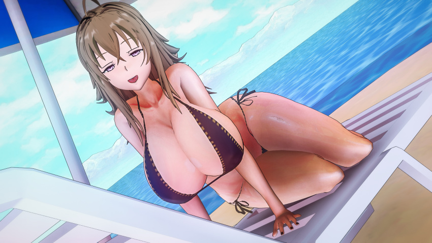 1girls 3d beach big_breasts bikini chair female half-closed_eyes high_school_dxd huge_breasts koi-animex koikatsu large_breasts looking_at_viewer lounge_chair milf on_hands_and_knees on_knees outside solo umbrella venelana_gremory