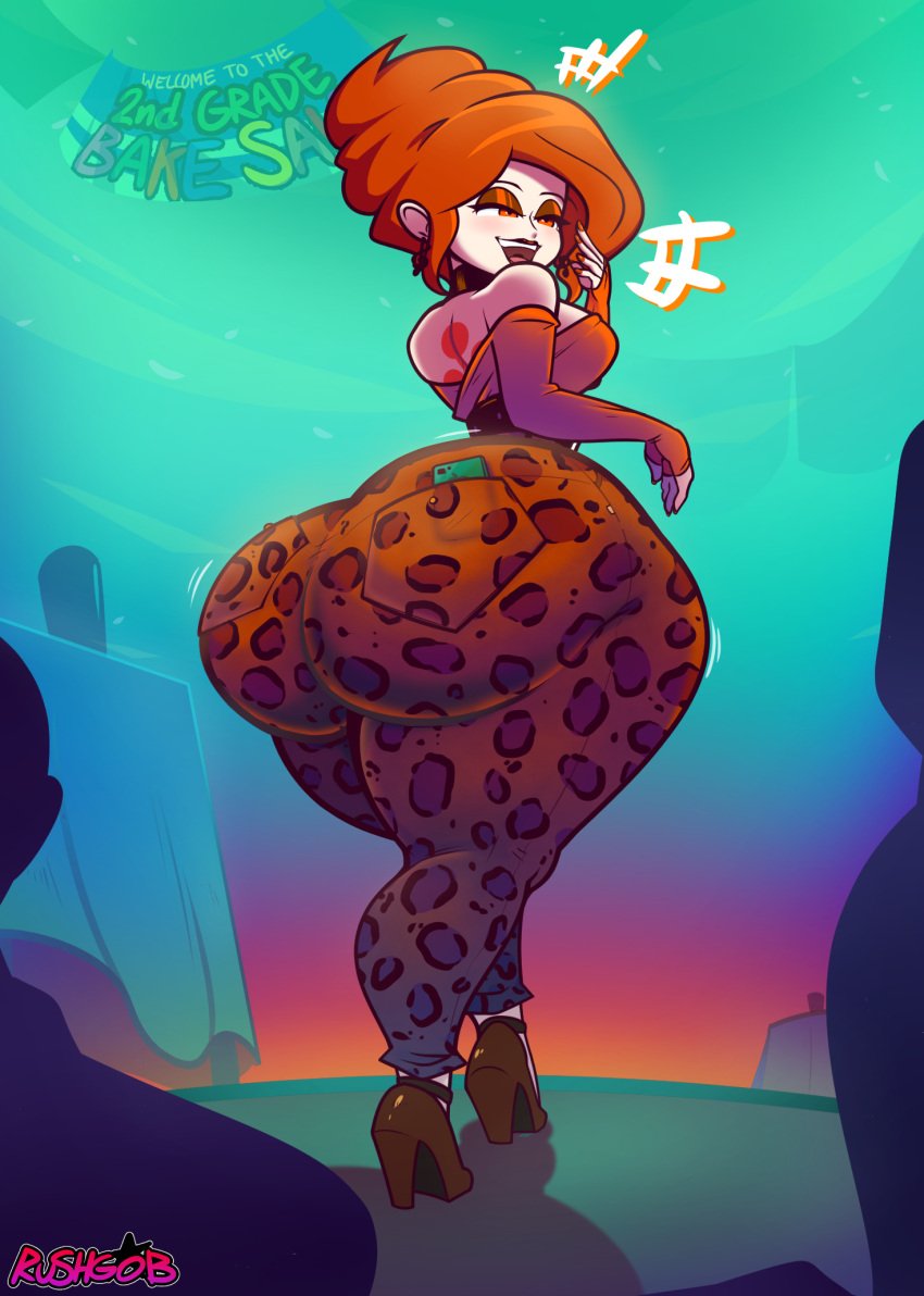 alternate_version_available bedroom_eyes big_ass brandy_(rushgob) cheetah_print gobrush heels huge_ass looking_back makeup orange_eyes orange_hair original original_character phone rushgob tattoo tattoo_on_back