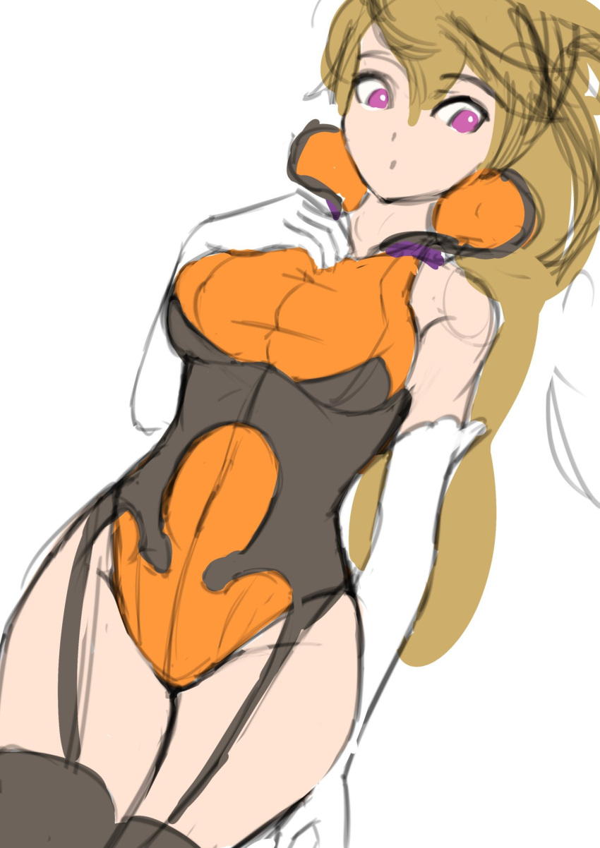 1girls corset curvaceous curvy cygames dragalia_lost elisanne embarrassed female_only gloves halloween halloween_costume halloween_elisanne highleg_leotard hourglass_figure jackary_draws leotard medium_breasts nintendo orange_leotard solo thick_thighs thighhighs thighs wide_hips