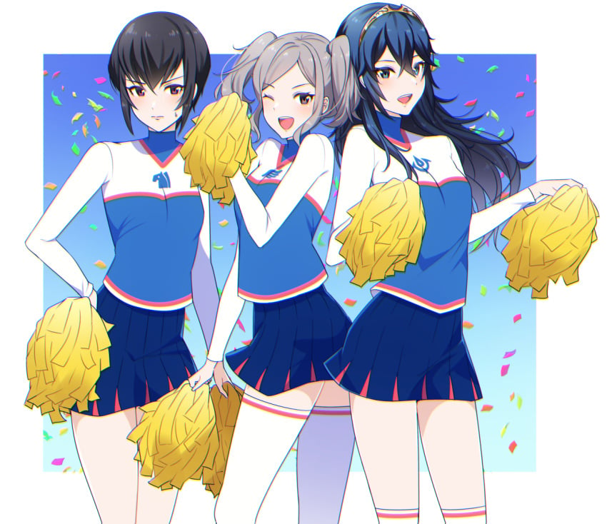 3girls abstract_background alternate_costume ameno_(a_meno0) bangs black_hair blue_eyes blue_hair blue_skirt blush border brown_eyes cheerleader closed_mouth confetti contemporary cynthia_(fire_emblem) female female_only fire_emblem fire_emblem_awakening grey_eyes grey_hair hair_between_eyes holding holding_pom_poms jewelry kjelle_(fire_emblem) long_hair long_sleeves looking_at_viewer lucina_(fire_emblem) miniskirt multiple_girls nintendo one_eye_closed open_mouth outside_border pom_pom_(cheerleading) pom_poms purple_eyes shirt short_hair skirt smile stockings sweatdrop teeth thighhighs thighs tiara turtleneck twintails upper_teeth white_border white_thighhighs