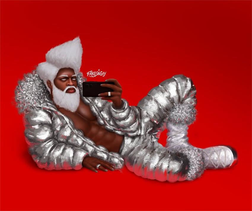 african african_male celebrity christmas dark-skinned_male dark_skin fakesngay holding_cellphone leaning_back lil_nas_x looking_at_viewer male male_only melanin muscles muscular muscular_male musician open_coat real_person selfie