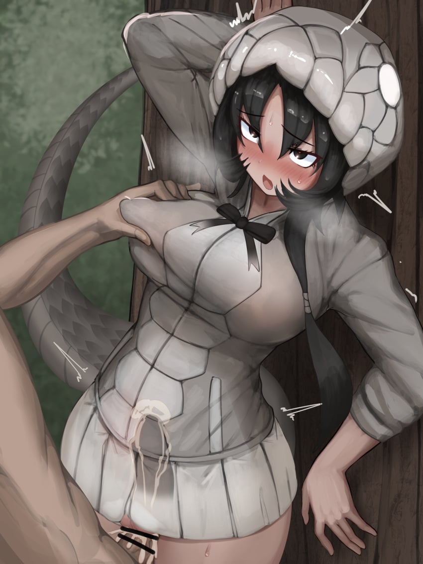 1boy ^^^ absurdres against_tree animal_hood arm_up bar_censor black_eyes black_hair black_mamba_(kemono_friends) blush bow bowtie breast_grab breasts breath censor_bar censored clothed_female_nude_male covered_nipples cum cum_in_pussy cum_in_uterus day ejaculation erection female fucked_silly furrowed_brow grabbing heart heart-shaped_pupils highres hood hood_up hooded_jacket internal_cumshot jacket kemono_friends large_breasts leaning_back long_hair long_sleeves microskirt no_panties nose_blush nude open_mouth outdoors overflow penis rolling_eyes sex shibori_kasu side_ponytail silhouette skirt snake_hood snake_tail solo_focus standing_missionary straight sweat symbol-shaped_pupils tail tree trembling unaligned_breasts vaginal_penetration very_long_hair x-ray