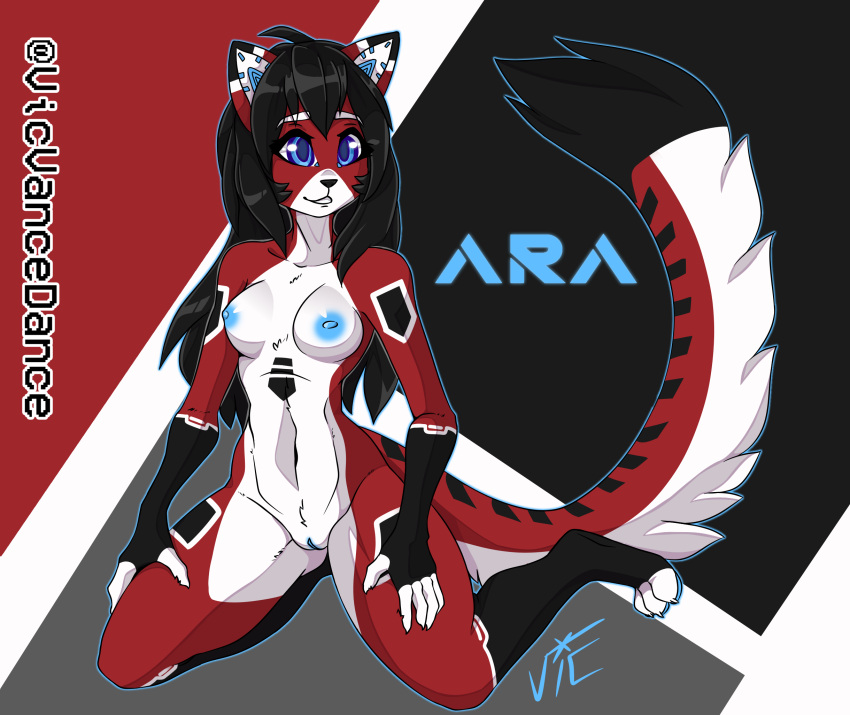 android anthro ara_(fluff-kevlar) black_hair domestic_cat felid feline felis female genitals hair hi_res mammal nipples nude original pussy solo tagme vicvance