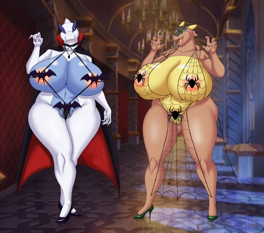 2girls absurd_res anthro areola bat_bikini big_breasts breasts candle cape chandelier choker clothing deadpliss duo eyelashes eyeshadow female female_only fire footwear generation_1_pokemon generation_2_pokemon genitals hallway hi_res high_heels horn huge_breasts inside ipan jewelry kangaskhan legendary_pokemon lingerie looking_at_viewer lugia makeup mature_female necklace nintendo pokemon pokemon_(species) pubes pussy spider_web video_games wide_hips