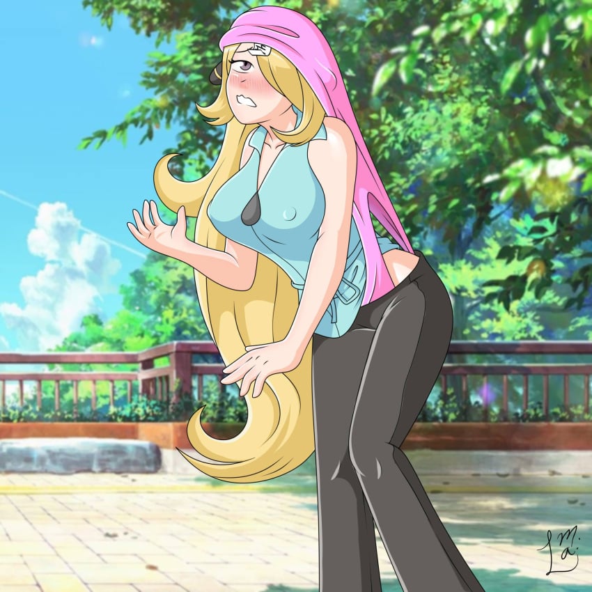 anime atomic_wedgie blonde_hair blue_shirt cynthia_(pokemon) embarrassed humiliation marioa13 nipple_bulge panties pink_panties pokemon pokemon_girl wedgie