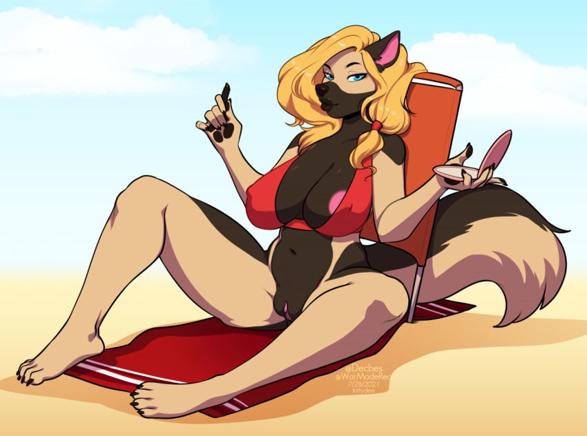 anthro areola areola_slip beach beach_towel big_breasts bikini bikini_top black_lipstick blonde_hair blue_eyes bottomless breasts canid canine canis claws clitoris clothed clothing domestic_dog female furry genitals german_shepherd hair hand_mirror herding_dog kittydee lipstick looking_at_viewer makeup mammal mature_female mirror pastoral_dog pussy rachael_(steveshep) sand seaside sitting solo swimwear towel