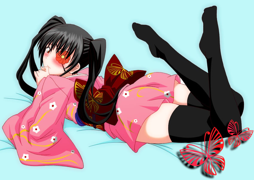 black_hair black_legwear black_thighhighs blue_background blush embarrassed eye_patch feet_up female female_only full_body gintama japanese_clothes kimono long_hair looking_at_viewer looking_back obi official_alternate_costume on_stomach short_kimono solo tatsuya_(guild_plus) thighhighs twintails wide_sleeves yagyuu_kyuubei zettai_ryouiki