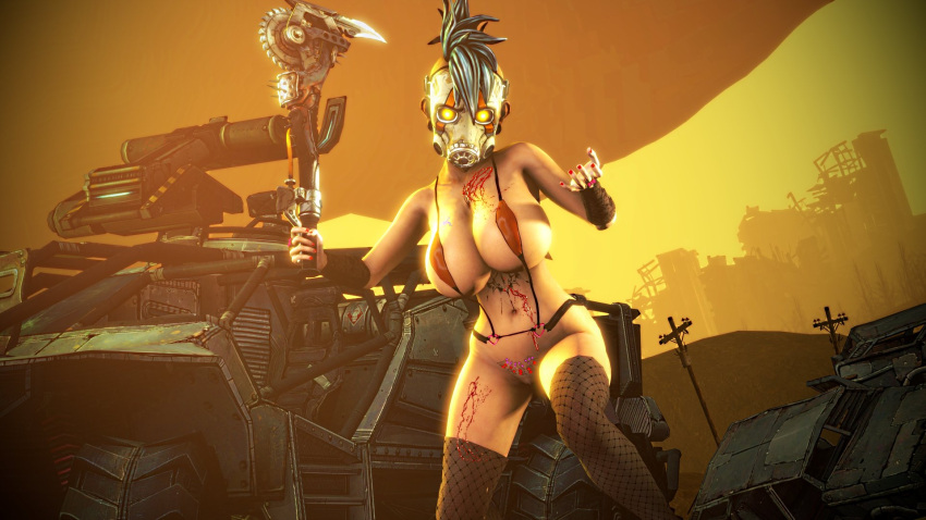 1girls 3d 3d_(artwork) big_breasts bikini borderlands exposed_pussy female_psycho_(borderlands) mask psycho_(borderlands) r.e.d_(artist) solo solo_female tagme