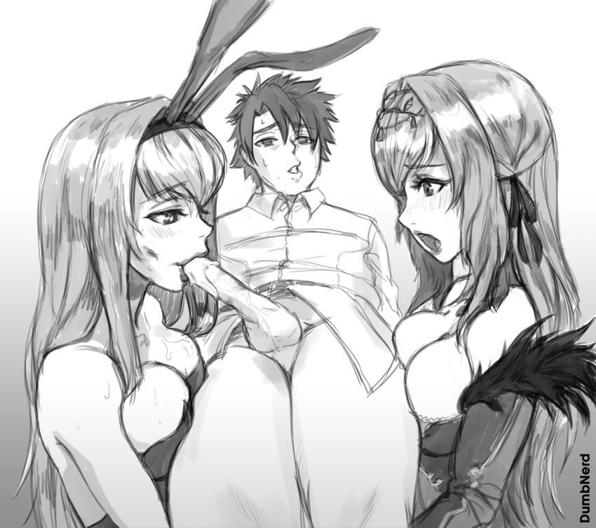 1boy 2girls amazon_fellatio bad_id bad_twitter_id breast_press bridal_carry carrying cum cum_in_mouth drained dumb_nerd fate/grand_order fate_(series) fellatio ffm_threesome fujimaru_ritsuka_(male) large_breasts monochrome pantsless scathach_(fate) scathach_(piercing_bunny) scathach_skadi surprised suspended_fellatio sweaty testicles tiara