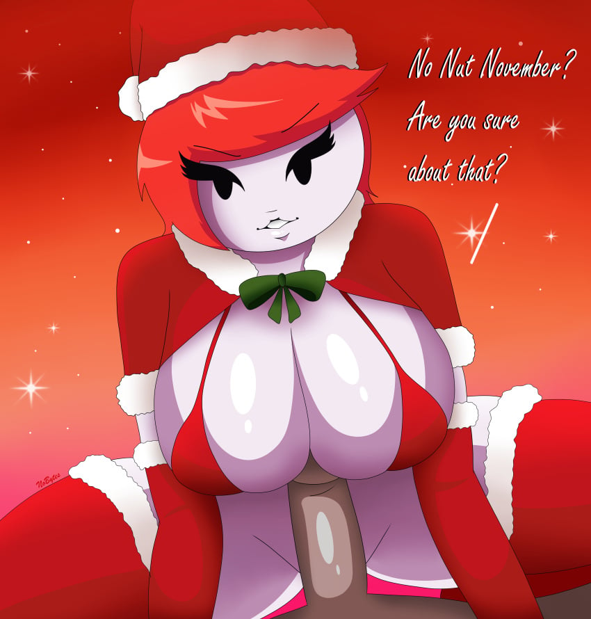 1boy 1girls anon big_breasts bra breasts christmas cowgirl_position ellie_rose english_text female female_on_top gloves henry_stickmin_(game) huge_breasts kneeling looking_at_viewer male male_pov mob_face no_nut_november nobytes_(artist) penis red_hair santa_costume santa_hat santa_outfit smiling_at_viewer stickman stockings tagme thick_thighs thighhighs