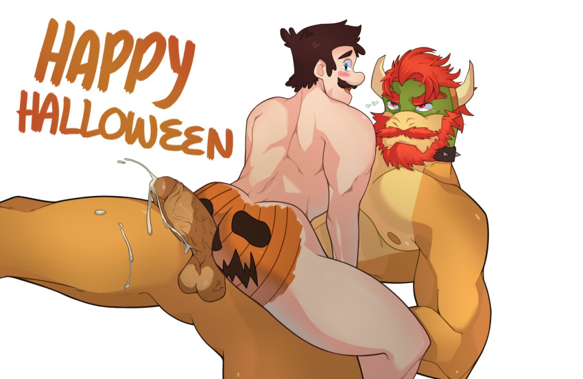 2boys abs anthro ass back_muscles balls beard blush bodily_fluids bodypaint bowser brown_hair cum cum_drip dripping duo ejaculation english_text erection facial_hair gay genital_fluids genitals green_body hair halloween heart hi_res horn hot_dogging human human_on_anthro inkpuppy interspecies koopa larger_anthro larger_male luigi lying male male/male male_only mammal mario_(series) moustache multicolored_body muscular muscular_anthro muscular_human muscular_male nintendo nipples nude painted_butt pecs penis pumpkin_butt red_hair scalie sex sitting sitting_on_another size_difference smaller_human smaller_male text video_games yellow_body