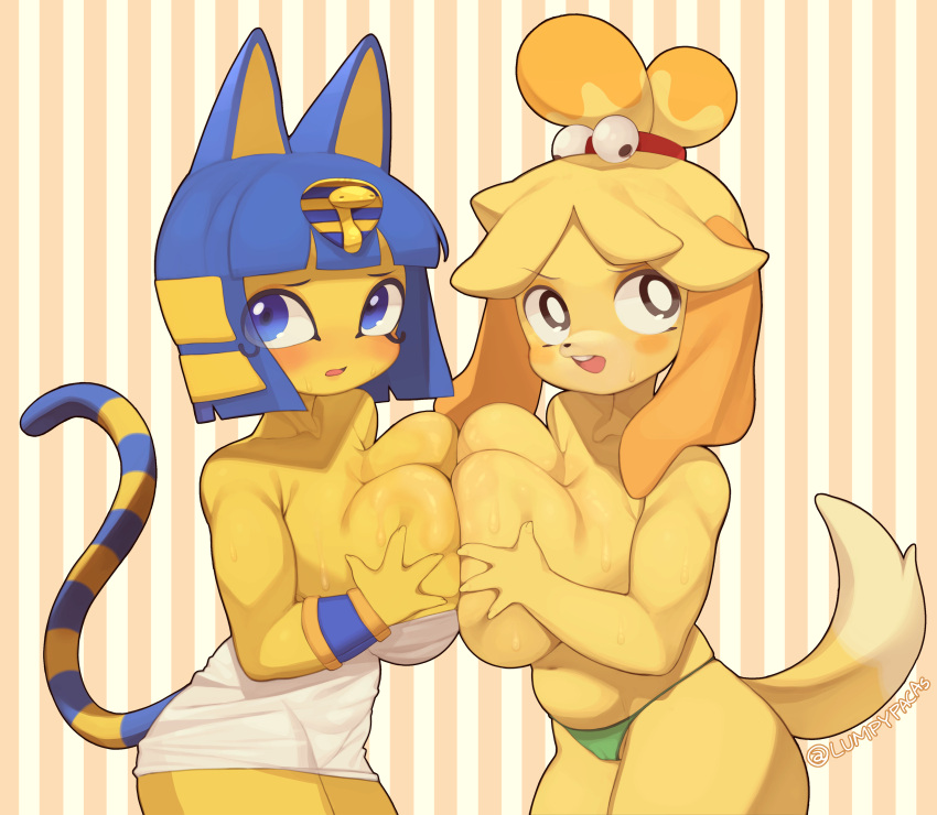 2023 2girls absurd_res adorable animal_crossing ankha ankha_(animal_crossing) anthro bangs bell big_breasts blonde_hair blue_eyes blue_hair blush breast_grab breast_squish breasts breasts_frottage brown_eyes cameltoe canid canine canis cat_ears cat_tail clothed clothing cute cute_face dog_ears dog_tail domestic_cat domestic_dog duo egyptian felid feline felis female female/female female_only females_only hair hi_res huge_breasts isabelle_(animal_crossing) lumpypaca lumpypacas mammal nintendo nintendo_switch open_mouth panties signature squish standing topless underwear uraeus yellow_body yellow_hair yellow_skin