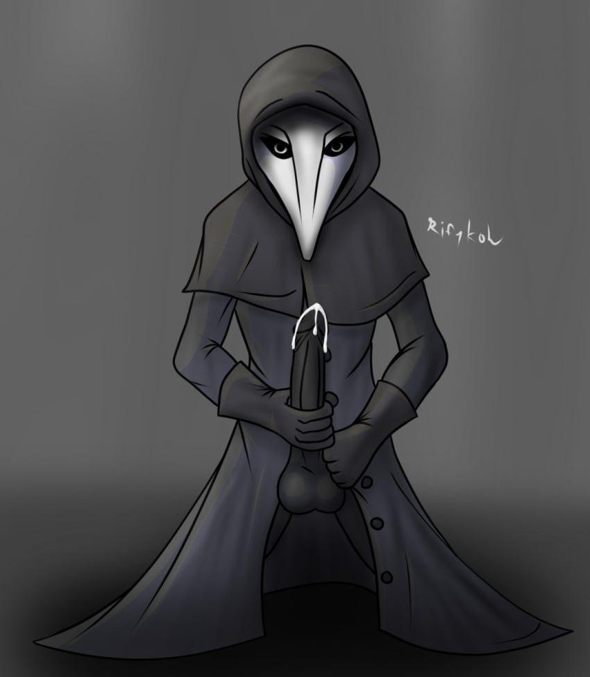 1boy 2017 alternate_version_available artist_signature big_penis black_clothing black_penis cartoony clothing cum cum_drip dark_background gloves grey_background holding holding_penis humanoid humanoid_penis long_penis male male_focus male_only mask masked_male on_knees penis plague_doctor rifykoh scp scp-049 scp_foundation solo solo_male