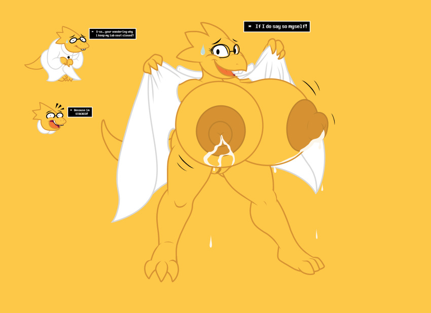 alphys badgerben blush breast_jiggle buckteeth dialogue dialogue_box dripping_milk exposing_breasts furgonomics glasses hammerspace hidden_buxom hyper_areola hyper_breasts hyper_nipples labcoat lactation motion_lines naked_labcoat pussy revealing_breasts skullman777 sweatdrop text undertale undertale_(series) yellow_background