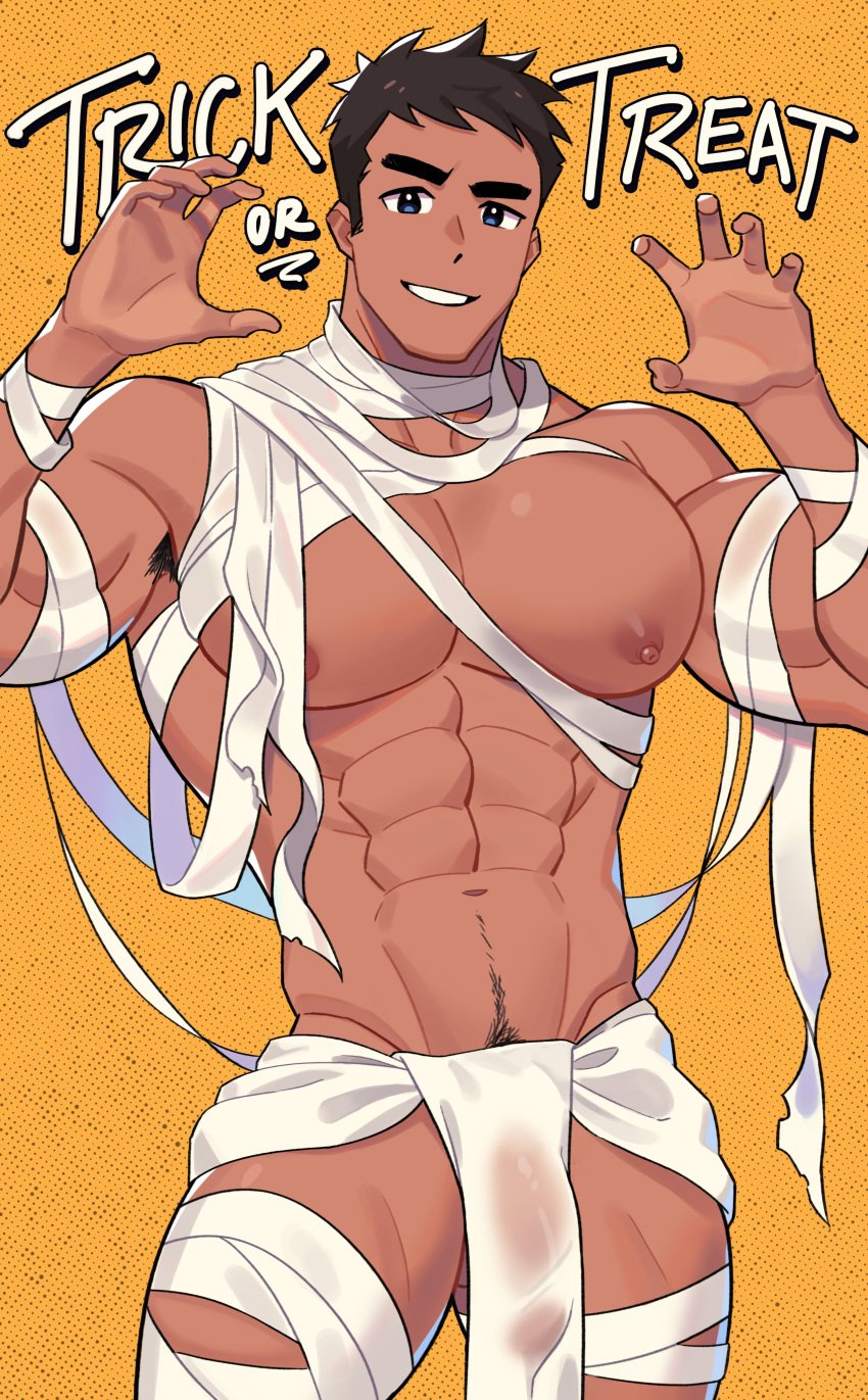 1boy abs absurdres armpit_hair bandaged_arm bandaged_leg bandages bara black_hair halloween highres human human_only large_pectorals male male_focus male_only milkiato mummy_costume muscular muscular_male naked_bandage navel nipples pectorals see-through short_hair smile solo solo_male teeth trick_or_treat