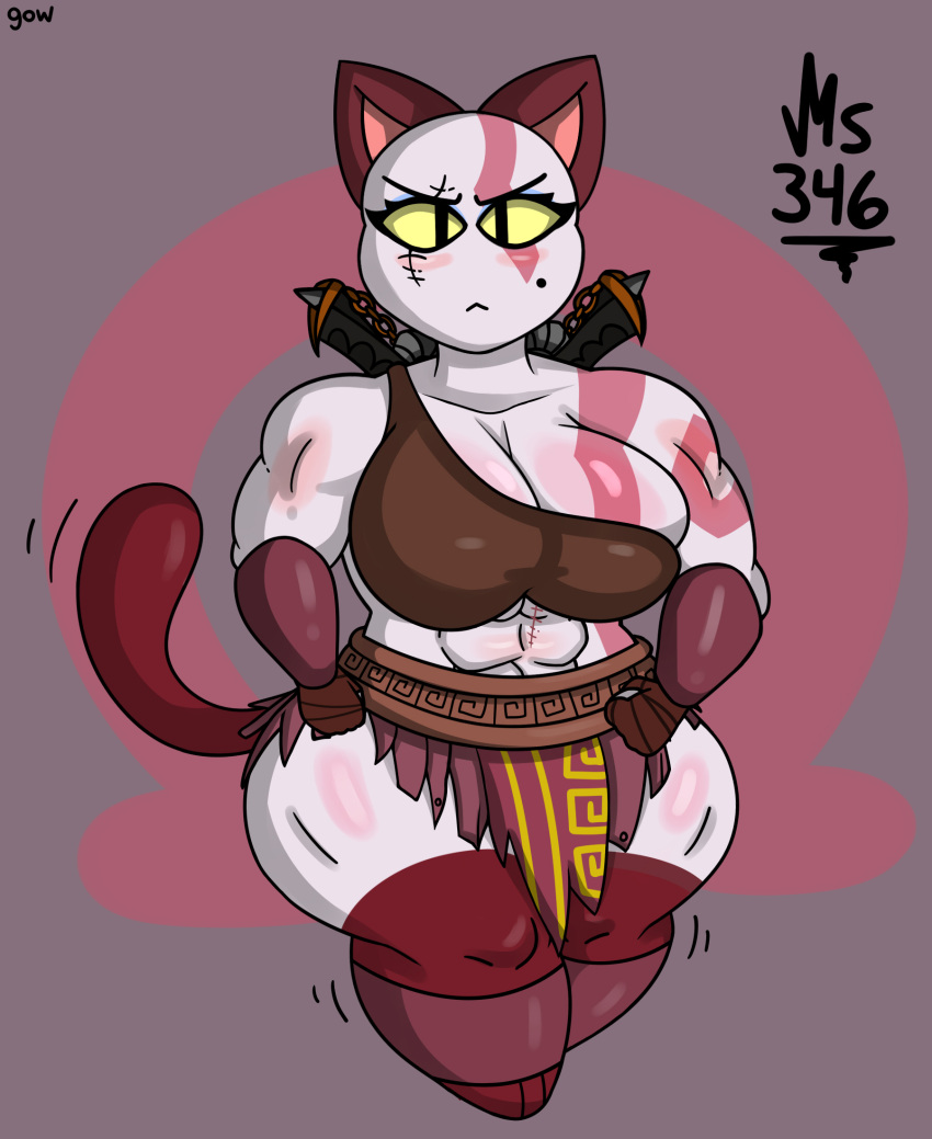 1girls angry animal_crossing big_breasts cat_ears cat_tail god_of_war kratos kratos_(cosplay) kratos_(female) maxsan643 muscular_female nintendo olivia_(animal_crossing) scar swords tattoo thick_thighs weird_crossover