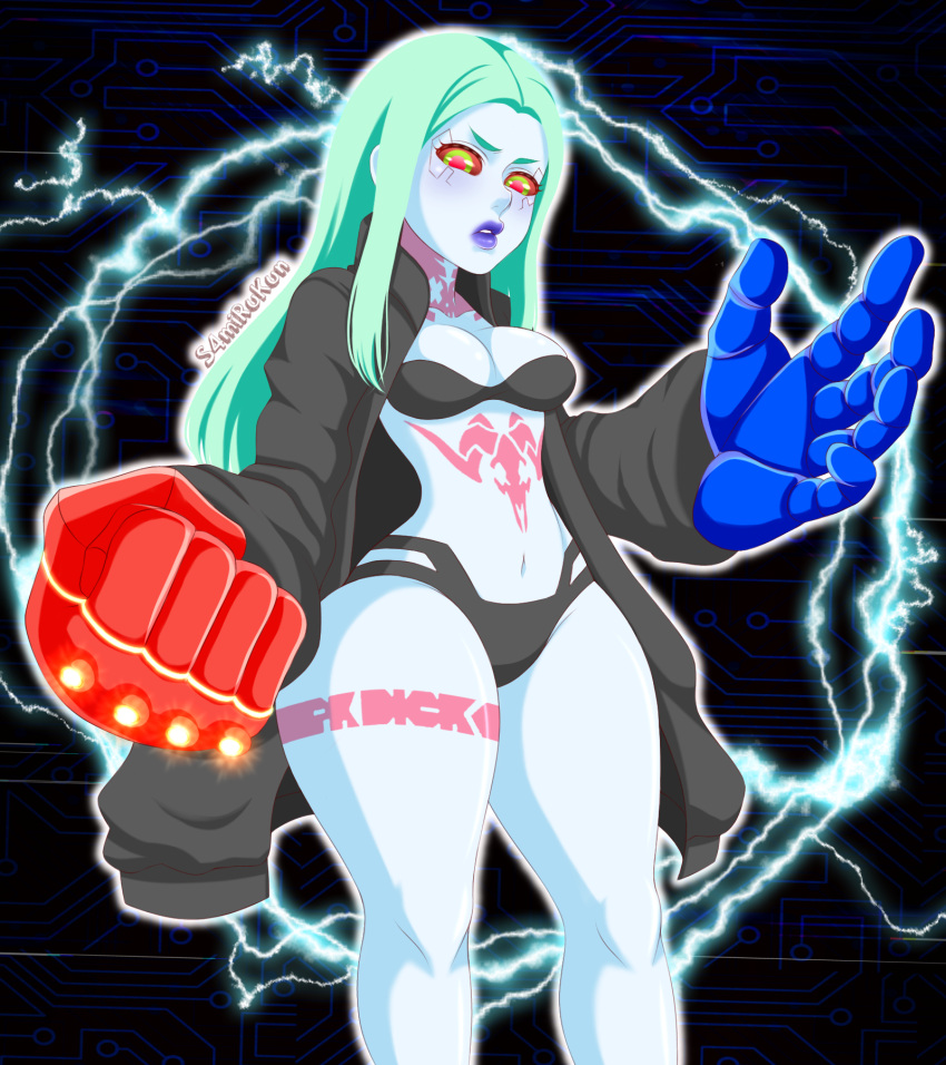 bra clothing cyberpunk:_edgerunners cyborg green_eyes green_hair green_skin human jacket outerwear pale_skin panties pink_eyes rebecca_(edgerunners) robot robot_girl s4mirukun small_breasts solo solo_female thick_thighs underwear