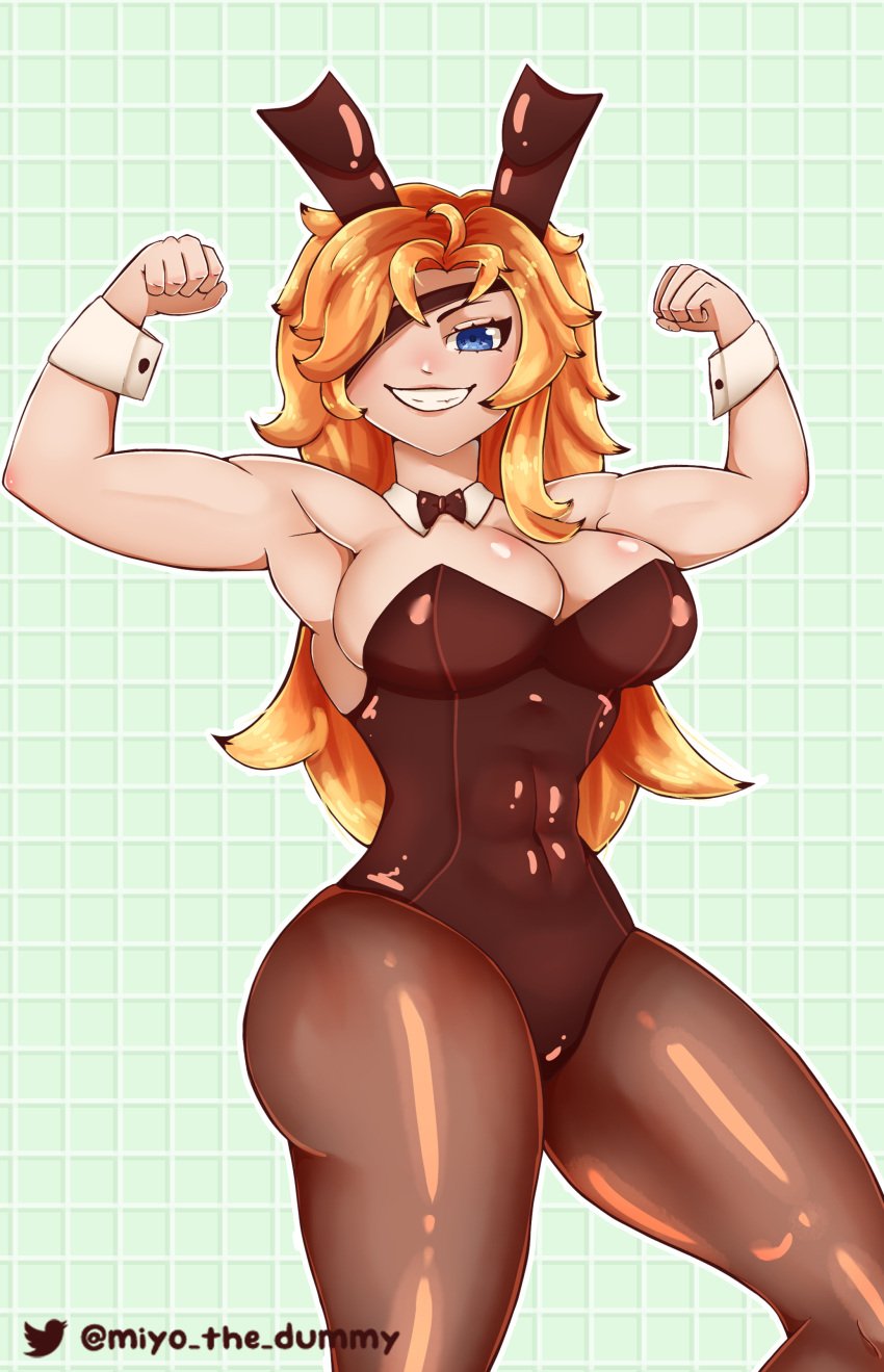 1girls abs asher_(omega_strikers) big_breasts big_butt blonde_hair blue_eyes bunny_costume bunnysuit eye_patch female female_focus female_only looking_at_viewer miyo_uwu muscle muscular_female omega_strikers one_eye_covered orange_hair pantyhose pinup pose smiling_at_viewer solo solo_female solo_focus standing thick_thighs twitter_logo twitter_username