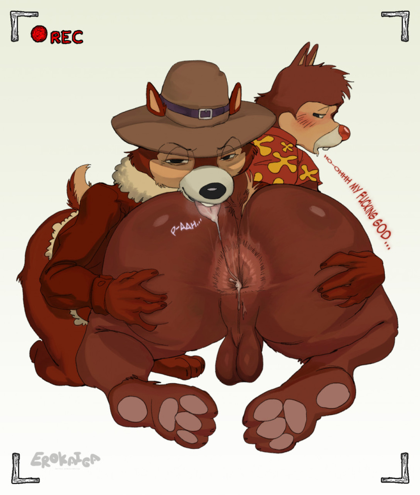 anthro anus ass backsack balls big_anus big_butt bodily_fluids bottomless buckteeth chip_'n_dale_rescue_rangers chip_(disney) chipmunk clothed clothing dale disney duo erokaiga feet genitals ground_squirrel hat headgear headwear hi_res jacket looking_back looking_pleasured male male/male mammal pawpads rear_view recording red_nose rodent saliva saliva_string sciurid shirt simple_background teeth tongue tongue_out topwear translucent translucent_clothing white_background