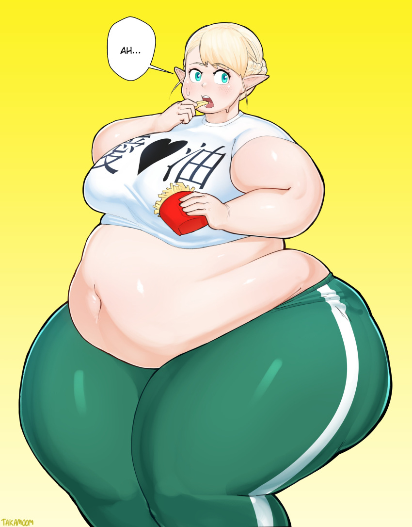 1girls 2022 ass bbw belly big_breasts blonde_hair blue_eyes breasts chubby chubby_female elf elf-san_wa_yaserarenai elf_ears elf_female elfuda english english_text evilmoomy fat female female_focus hips huge_ass huge_belly huge_breasts looking_at_viewer overweight overweight_female plump simple_background solo solo_female solo_focus speech_bubble surprised sweat sweatdrop takamoom text thick_thighs thighs wide_hips yellow_background