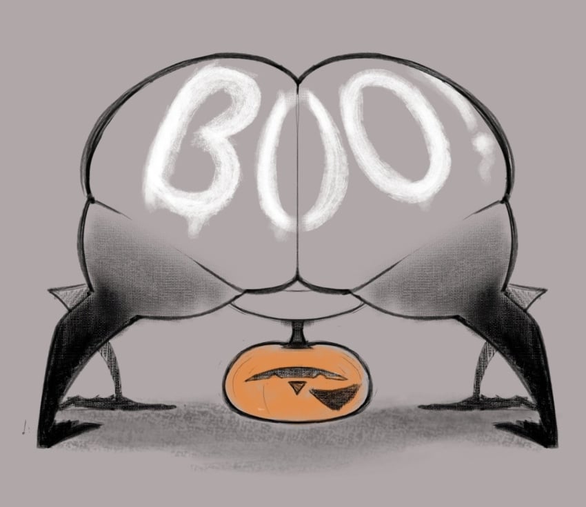 ! ass_focus bubble_ass bubble_butt character_request creature fat_ass gray_background halloween huge_ass monster non-human object_head pumpkin pumpkin_head smokey_blokey text text_on_ass text_on_butt