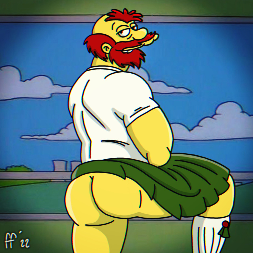 1boy ass back_muscles back_view bald bald_man bara beard bubble_ass bubble_butt dilf fabfelipe facial_hair green_skirt groundskeeper_willie human human_only kilt looking_at_viewer looking_back male male_focus male_only muscles muscular muscular_male presenting presenting_ass presenting_butt red_hair seductive_look shirt skirt smiling_at_viewer solo solo_focus solo_male the_simpsons thick_eyebrows unibrow white_shirt white_socks yellow_body yellow_skin