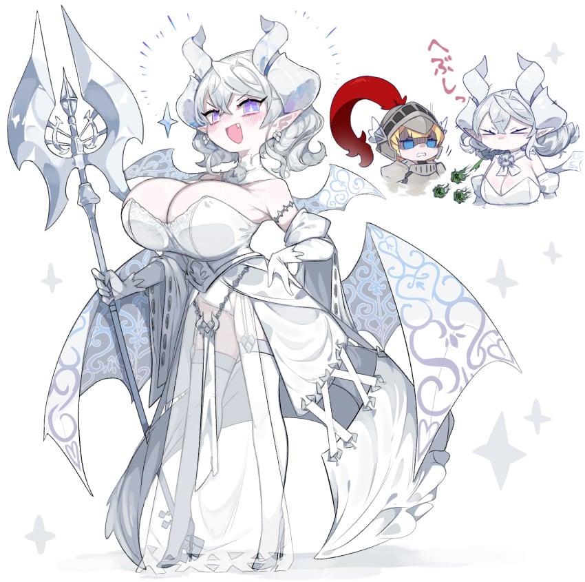 big_breasts blush cleavage cute_fang demon_girl demon_horns demon_wings dress duel_monster elbow_gloves female garter_straps gloves hand_on_hip horns huge_breasts labrynth_of_the_silver_castle looking_at_viewer lovely_labrynth_of_the_silver_castle mato_tsuyoi pale-skinned_female pale_skin pointy_ears purple_eyes shortstack thighhighs weapon yu-gi-oh!