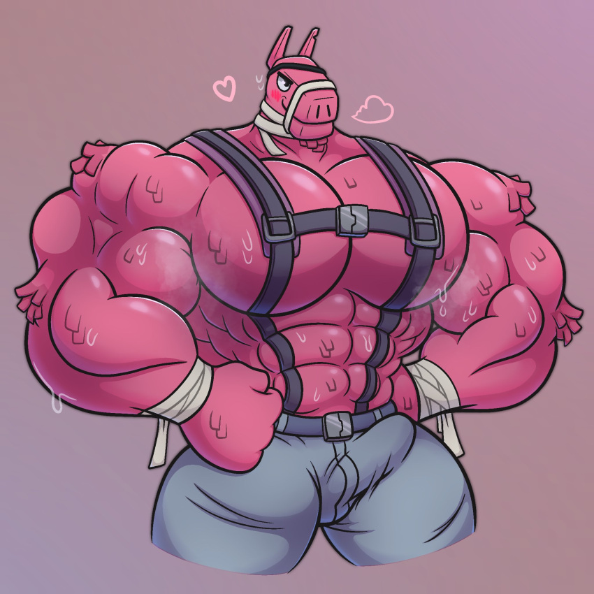 animate_inanimate anthro bara barazoku blush bulge darkpolari eyepatch fortnite fortnite:_battle_royale gay heart lt._john_llama male_only muscular musk_clouds piñata pink_fur sweat tagme