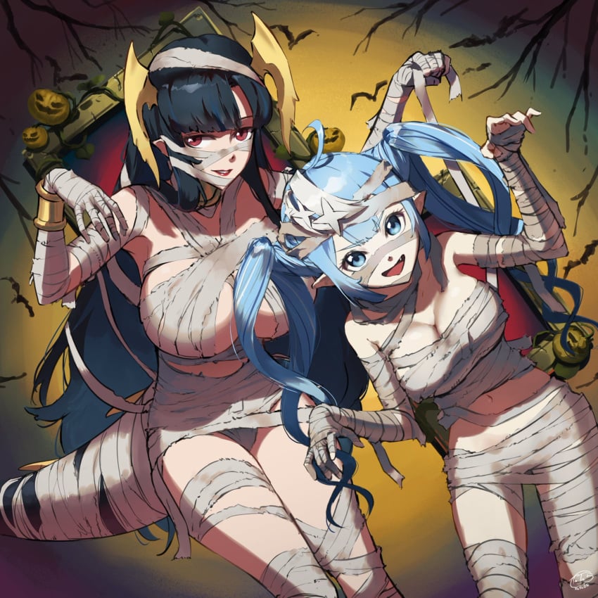 2girls blue_eyes blue_hair green_hair halloween horns kaiju_girl light-skinned_female light_skin mummy_costume oerba_yun_fang pixela_legends pixela_project red_eyes tail takopero tintin05_(tintin0g) umino_ciala virtual_youtuber