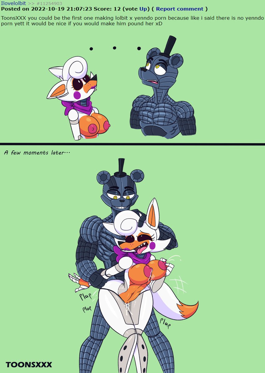 absurd_res animatronic animatronics anthro anthro_on_anthro anthro_penetrated anthro_penetrating anthro_penetrating_anthro bodily_fluids bouncing_breasts breasts canid canine comment cum cum_in_pussy cum_inside cum_on_leg cum_on_legs duo female five_nights_at_freddy's five_nights_at_freddy's:_sister_location five_nights_at_freddy's_world fnaf fox genital_fluids hi_res jiggling jiggling_breasts lactating lactating_nipples lactation lolbit_(fnaf) machine male male/female mammal nipple_fetish nipple_pinch nipple_play penetration penile_penetration pinch pinching_nipples robot rule_34_comment scottgames sex sister_location toonsxxx transparent_background ursid video_games yenndo_(fnaf) yenndo_(fnafsl)