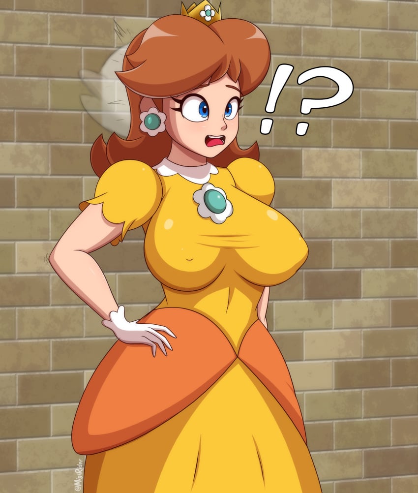 !? 1girls 2022 ?! big_breasts blue_eyes boo_(mario) breasts clothed clothing crown dress earrings erect_nipples erect_nipples_under_clothes female ghost gloves halloween huge_breasts mario_(series) migi_rider mouth nintendo open_mouth orange_dress orange_hair png possession princess_daisy princess_dress shocked shocked_expression short_hair signature standing surprised teeth teeth_showing text tongue white_skin wide_eyed