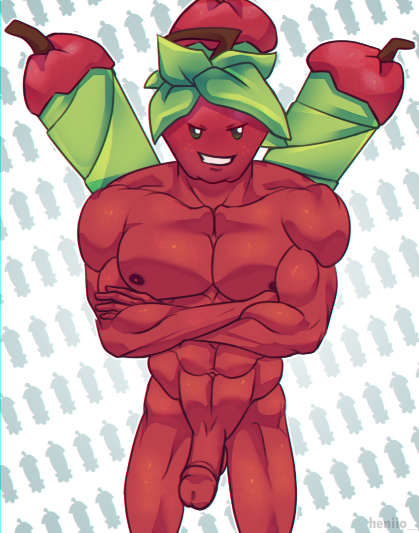 1boy abs apple apple_mortar crossed_arms erection heniio humanoid male male_only muscles muscular muscular_male nipples non-human object_head pecs plantie plants_vs_zombies smile solo_male