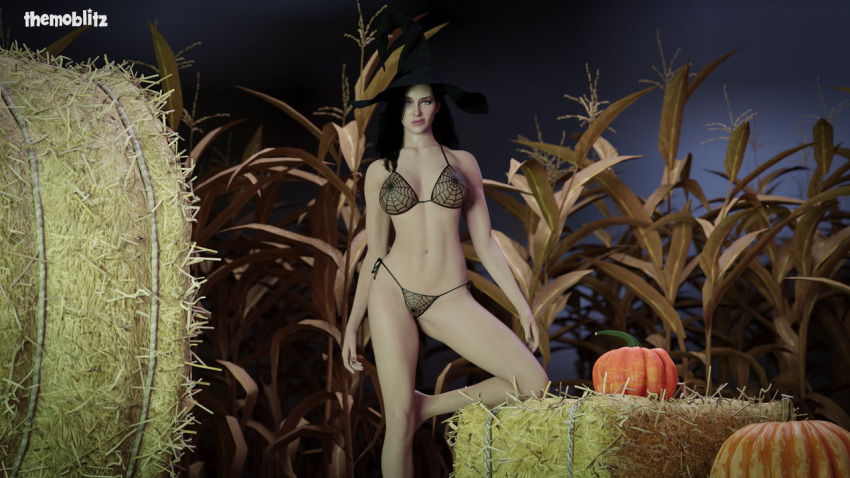1girls 3d bikini black_hair corn cornfield female halloween hay_bale pumpkin spider_web_print the_witcher_(series) themoblitz witch_hat yennefer