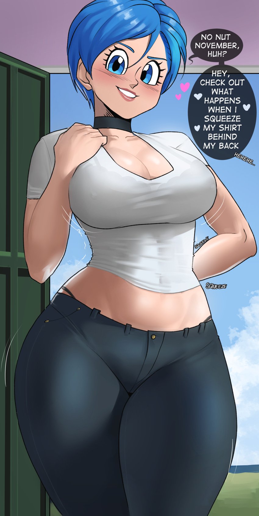 1girls blue_eyes blue_hair breasts bulma_briefs choker cleavage clothed cowboy_shot cropped_legs dialogue dragon_ball dragon_ball_super echosaber english_text female female_only front_view hi_res hips jeans large_breasts looking_at_viewer low-angle_view mature_female midriff milf mother no_nut_november no_nut_sabotage shirt shirt_pull short_hair shounen_jump slim_waist smile solo solo_female speech_bubble text thick_thighs thighs thunder_thighs tight_clothing tight_jeans upper_body very_short_hair wholesome