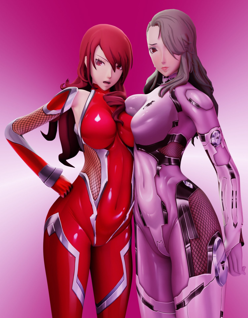 2girls 3d amateurthrowaway atlus big_breasts bodysuit breast_press breasts breasts_pressed_together breasts_to_breasts breasts_touching cosplay cosplay_request female female_only gray_hair grey_hair igawa_asagi_(cosplay) large_breasts latex_suit long_hair megami_tensei mitsuru_kirijo multiple_girls persona persona_3 persona_5 purple_bodysuit red_bodysuit red_eyes red_hair redhead sae_niijima silver_hair source_filmmaker taimanin_(series) taimanin_asagi_battle_arena taimanin_suit