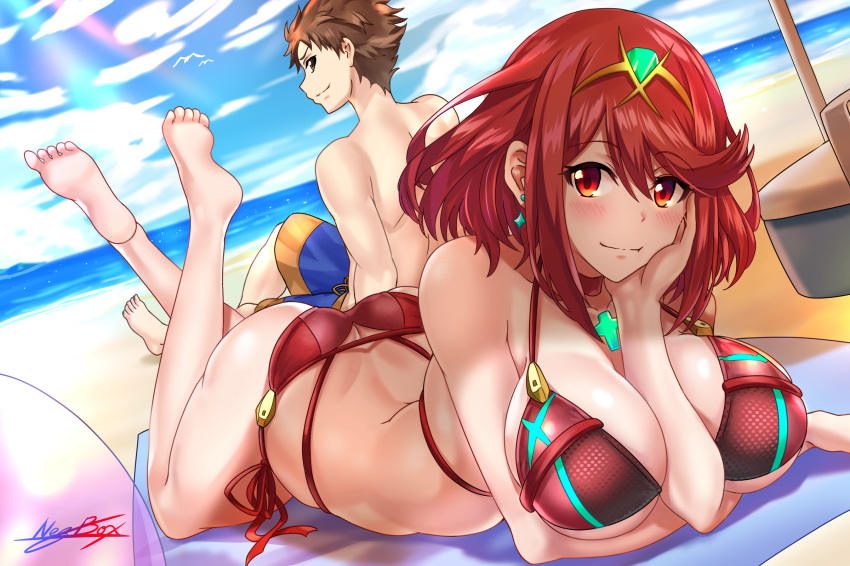 1boy ass ass_cleavage barefoot beach beach_towel beach_umbrella between_breasts bikini blush breasts brown_hair butt_crack canon_couple cleavage core_crystal day feet female hand_on_own_face highres large_breasts looking_at_viewer lying nez-box nintendo ocean on_stomach outdoors pyra red_eyes red_hair rex_(xenoblade) short_hair smile soles spiked_hair swimsuit the_pose tiara toes towel umbrella water xenoblade_(series) xenoblade_chronicles_2