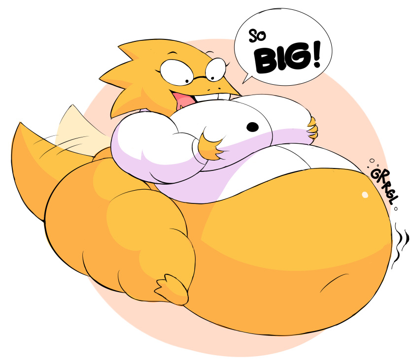 1girls alphys anthro belly breast dinosaur english_text fat female female_focus female_only furry glasses hips holding_breast implied_vore large_breasts open_mouth overweight overweight_female science_coat sitting spaghettiz stomach tail tail_motion tail_wagging text thick_thighs thighs undertale undertale_(series) wagging_tail wide_hips yellow_skin