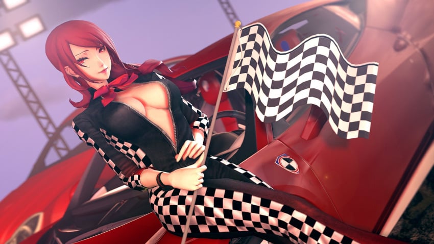 amateurthrowaway bodysuit car cleavage flag mitsuru_kirijo persona persona_3 race_queen racequeen unzipped unzipped_bodysuit