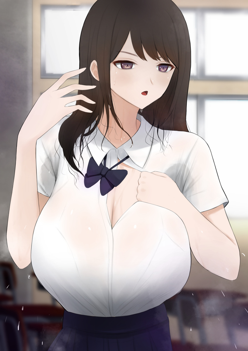 1girls absurd_res absurdres amemuchizakuro arm_up bangs big_breasts blue_skirt blurry blurry_background blush bowtie bra bra_visible_through_clothes breasts brown_hair busty casual casual_exposure chair classroom cleavage clothed clothing collar collared_shirt desk dripping eyebrows eyelashes facing_viewer fanning_self female female_focus female_only fully_clothed half-closed_eyes heat hi_res high_resolution highres huge_breasts indoors large_breasts light-skinned_female light_blush light_skin long_hair looking_away looking_to_the_side messy_hair neck only_female open_clothes open_mouth open_shirt original pleated_skirt pov purple_eyes ribbon school_uniform see-through see-through_clothing shirt shirt_tucked_in shirt_tug short_sleeves sidelocks skirt solo solo_female solo_focus stained_clothes standing steam sweat sweat_stain sweatdrop sweating_profusely sweaty sweaty_body sweaty_clothes tongue uniform wet wet_body wet_clothes wet_hair wet_shirt wet_skin white_shirt window zakuro176