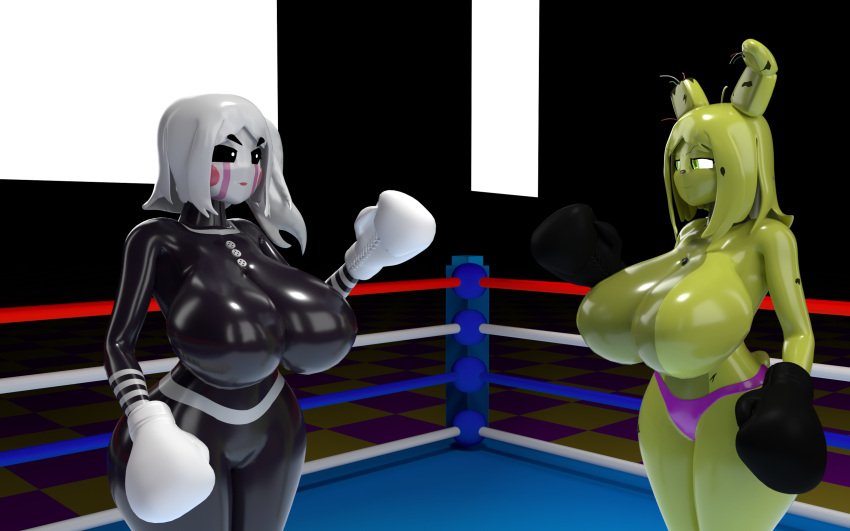 2girls boxing boxing_gloves boxing_ring breasts_bigger_than_head cometfnia five_nights_at_freddy's five_nights_in_anime marionette_(fnaf) menacing multiple_girls puppet_(fnaf) smug springtrap springtrap_(fnaf)