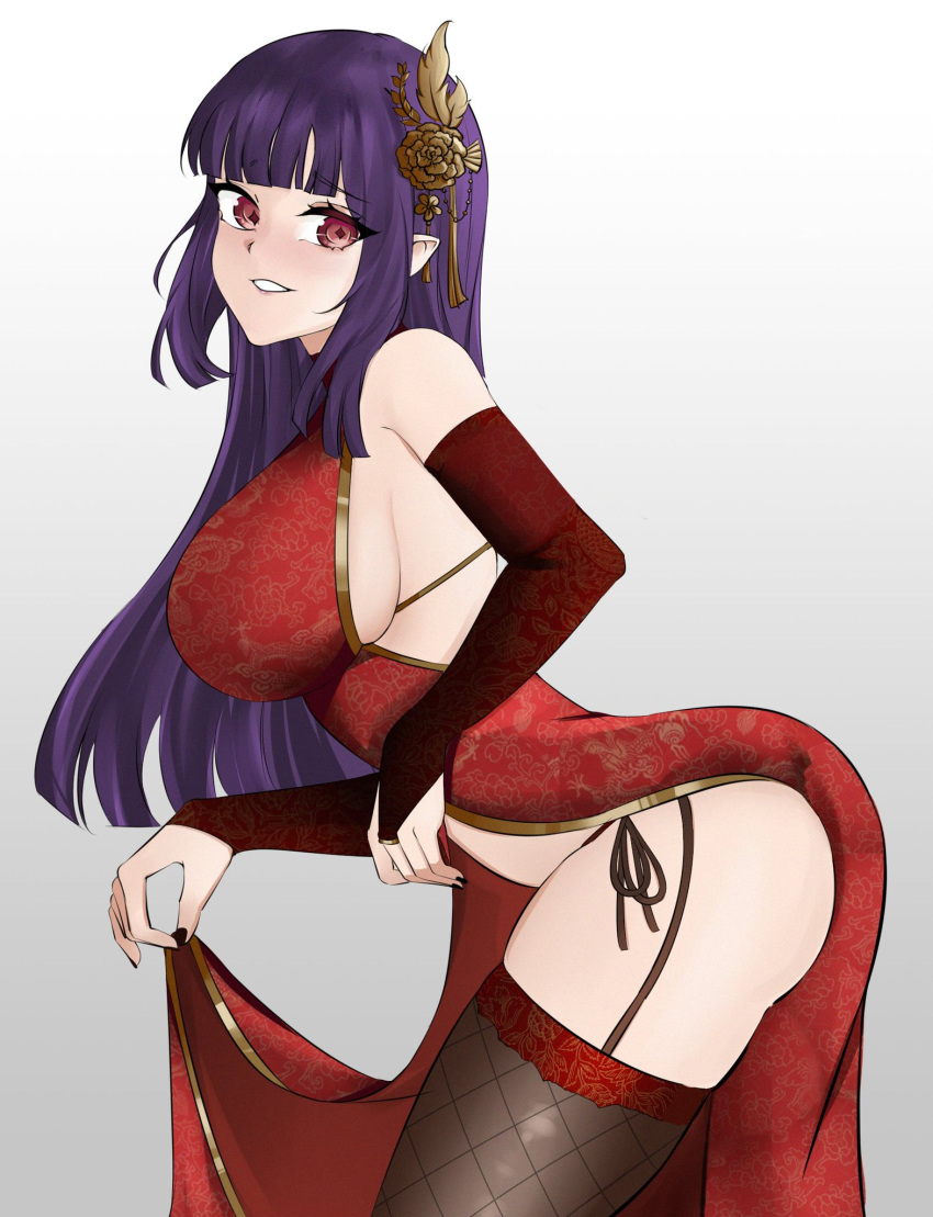 1girls black_nails chinese_dress clothed clothing eyebrows_visible_through_hair female female_only fingerless_gloves fishnet_stockings fishnets gloves hair_ornament indie_virtual_youtuber khunm_017 light-skinned_female light_skin pointy_ears purple_hair qipao red_eyes red_gloves solo virtual_youtuber vivian_v._wendell