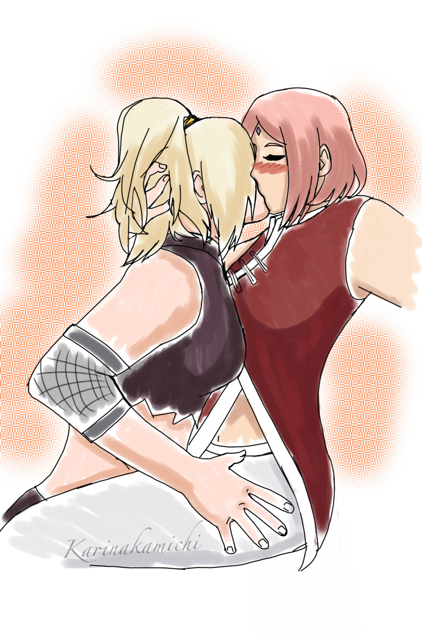 2girls belly_button blonde_hair blush boruto:_naruto_next_generations female female_only hand_in_hair ino_yamanaka karinakimichi kissing long_hair mature_female milf naruto naruto_(series) pink_hair ponytail qipao romantic sakura_haruno short_hair sketch yuri