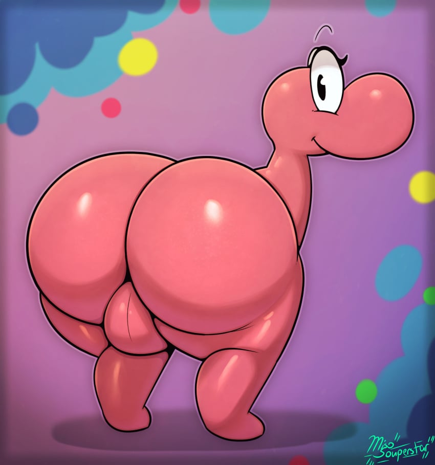 1boy 2022 abstract_background absurd_res anthro ass backsack balls bent_over big_ass big_balls big_butt black_eyes candy dessert food food_creature genitals hi_res huge_ass huge_balls huge_butt huge_thighs living_candy looking_at_viewer looking_back male male_only miso_souperstar nerds nub_feet nude pac-man_eyes pie_cut_eyes pink_balls pink_body presenting presenting_hindquarters smile smiling smiling_at_viewer solo thick_thighs