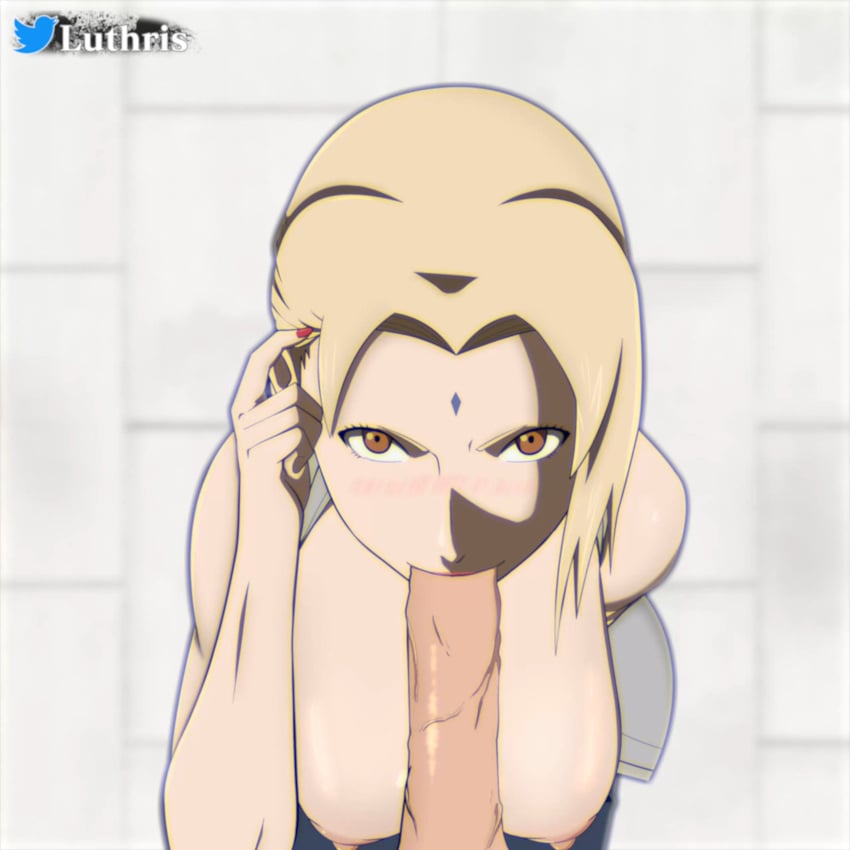 1boy1girl adjusting_hair big_breasts big_penis blonde_hair blowjob blush breasts breasts_out clothed_female clothed_sex clothing eye_contact faceless_male female_focus huge_breasts large_breasts long_hair looking_at_viewer luthris male/female mature mature_female naruto naruto_(series) naruto_shippuden no_bra open_clothes oral oral_sex penis penis_in_mouth pov_eye_contact sagging_breasts straight strap_slip sucking sucking_penis tsunade