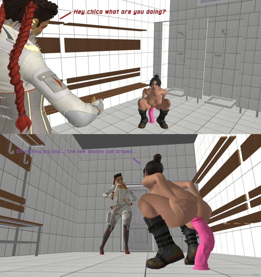 3d annoyed apex_legends asking ass ass_focus ass_grab boots caught caught_masturbating dark_hair dildo dildo_in_ass dildo_insertion g4ill4rd goth half-dressed high_heel_boots latina loba loba_(apex_legends) pointing sex_toy shower_room squatting stretching struggling surprised talking text too_big wraith wraith_(apex_legends)